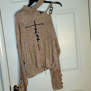 Tan off the shoulder Sweater with goldtone accents